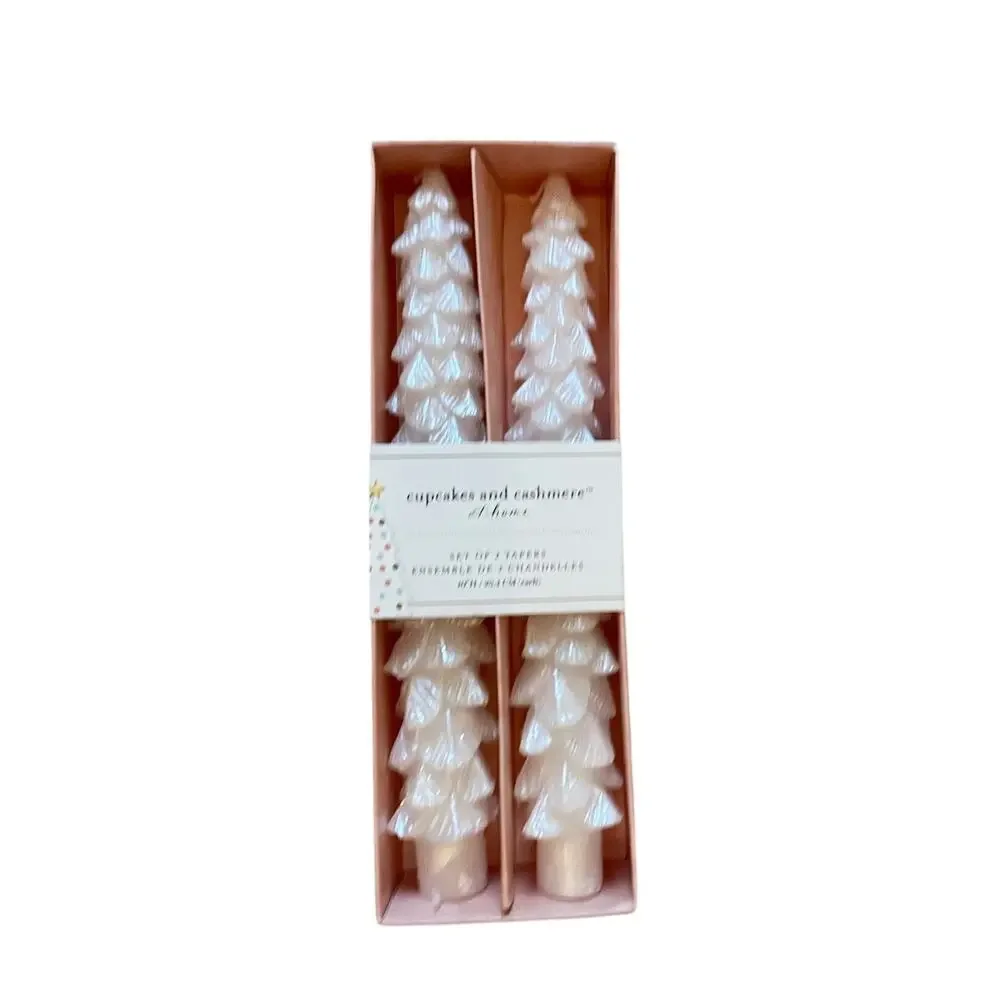 Cupcakes & Cashmere Iridescent White Christmas Tree Shaped Taper Candle Set of 2